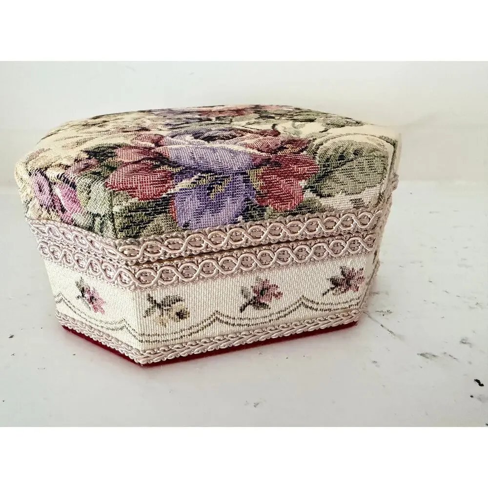 Vintage Schmid Tapestry Rose Jewelry Music Box Padded Floral Cottagecore Trinket